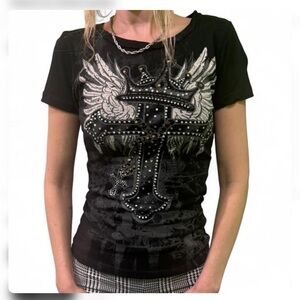 Y2K So Cal Grungy Goth style iron cross basic cotton baby tee shirt 
Fits XS